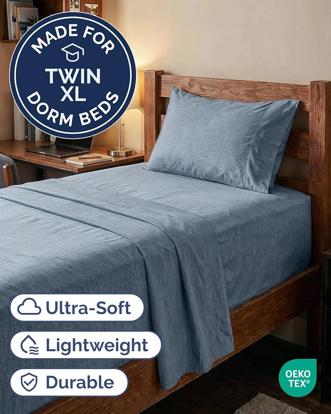 Extra Deep Twin XL Sheet Set - 3 Piece College Dorm Room - Heathered Blue | Soft, Breathable & Cooling, Easily Fits 18 to 24 inch Mattress, Wrinkle Free & Fade Resistant with Extra Deep Pockets