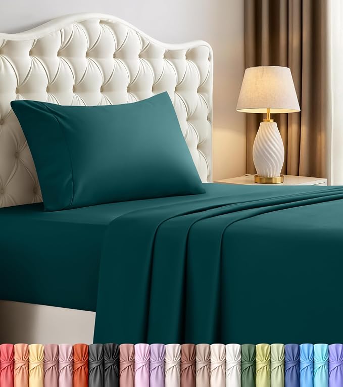 Twin Sheets Set, 3 Pieces 16" Deep Pocket Hotel Luxury Sheets, Teal Green | Extra Soft Bedsheet Set, Comfy & Breathable Cooling Sheets, Wrinkle & Fade Resistant, Fitted Sheet, Flat Sheet, 1 Pillowcase
