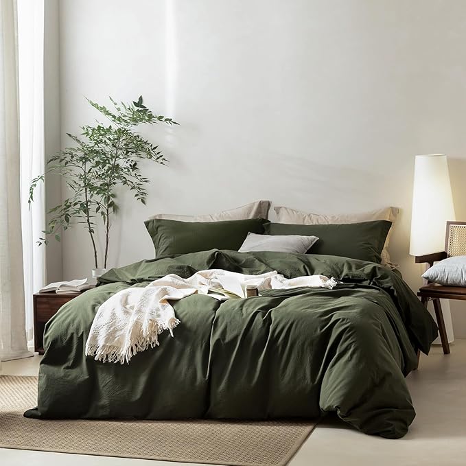 BDEAR 3Pcs Olive Green Duvet Cover Set Queen Size 90" L x 90" W,Oeko TEX | 100% Washed Cotton, 1 Duvet Cover with 2 Pillowcases, Zipper Closure, 8 Corner Ties,Linen-Liked Texture, Skin Friendly
