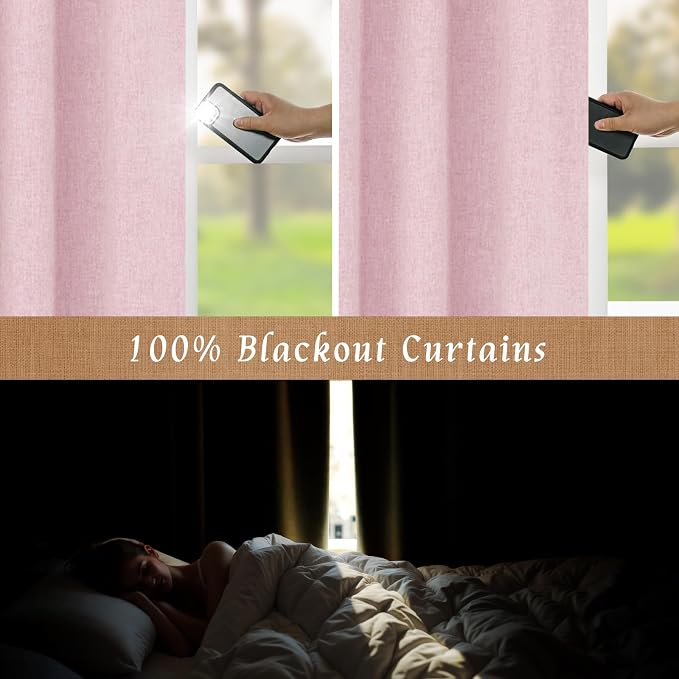 63 Inch Long 100% Blackout Linen Curtains 2 Panels with White Liner | Pink, Living Room, Farmhouse, Bedroom Curtains, Full Room Darkening, Thermal, Rod Pocket Back Tab Panels, 60 x 63 Inch
