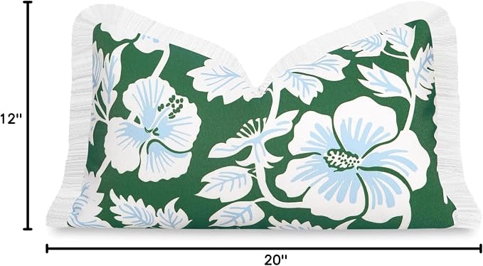 Hofdeco Premium Coastal Patio Indoor Outdoor Lumbar Pillow Cover Only, 12"x20" Water Repellent for Backyard, Couch, Green Baby Blue Print Tropical Hisbucs Flowers