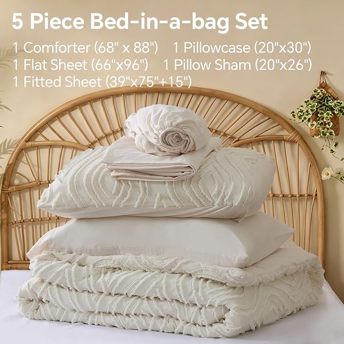 BEDELITE Twin Comforter Set 5 Pieces,Boho Bed in a Bag,Wavy-Cream White | Tufted Bed Set for All Seasons,Soft Farmhouse-Style Embroidery Bedding,Includes Flat & Fitted Sheets,1 Pillowcase & 1 Sham