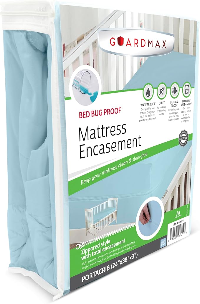 Guardmax Portacrib Mattress Protector Zippered, Bed Bug Mattress Cover | Waterproof, Dust Mite Proof, 6-Sided, Soft Jersey Knit, Machine Washable, Portacrib - 24 x 38, up to 4" Deep