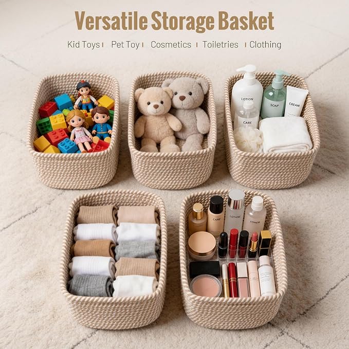 5 Pack Small Woven Storage Baskets for Shelves, Gift Baskets Empty | 11.8"x7.9"x4.7", Decorative Cotton Rope Baskets Organizer, Soft Storage Bins for Organizing Bathroom, Closet, Nursery, Khaki