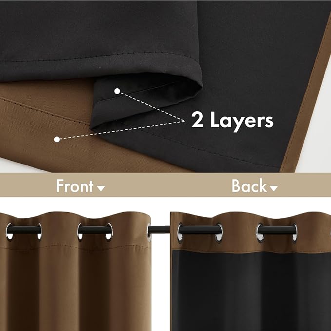 MIULEE Brown 100% Blackout Curtains for Bedroom 40x54 Inch 2 Panels Set | 2 Thick Layers Thermal Insulated Short Curtains with Black Liner, Noise Reducing Grommet, Drapes for Living Room