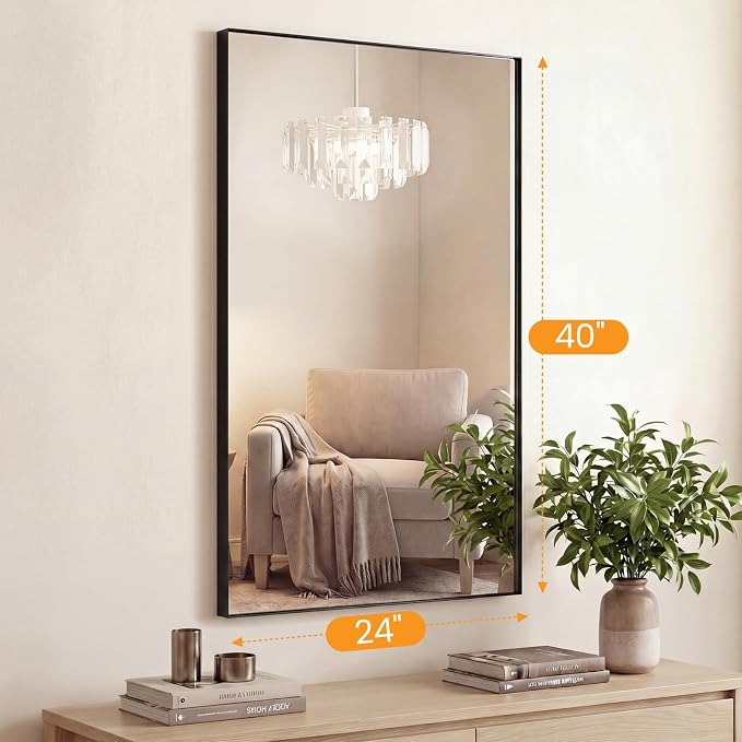 Sweetcrispy Black Bathroom Mirrors for Over Sink, 24" x 40" Rectangle | Tempered Glass, Anti-Rust Metal Frame, Over Sink Home Decor, Modern Rectangle Style