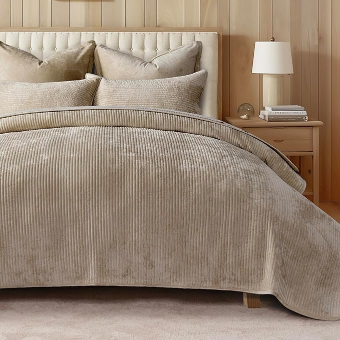 Striped Channel Velvet Quilt Set, King Size, Urban Taupe | Luxurious Soft Lightweight Velvet Comforter, Oversized Bedspread Coverlet, Quilted Bedding Set for All Season, with 2 Shams