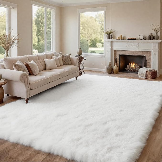 8x10 Fluffy Shag Area Rugs for Living Room Bedroom: Soft Plush Carpet White | Upgraded Non-Slip Thick Memory Foam, Ultra Soft, Non-Shedding Fuzzy Carpet, Easy Clean Decor for Kids Room, Nursery, Playroom