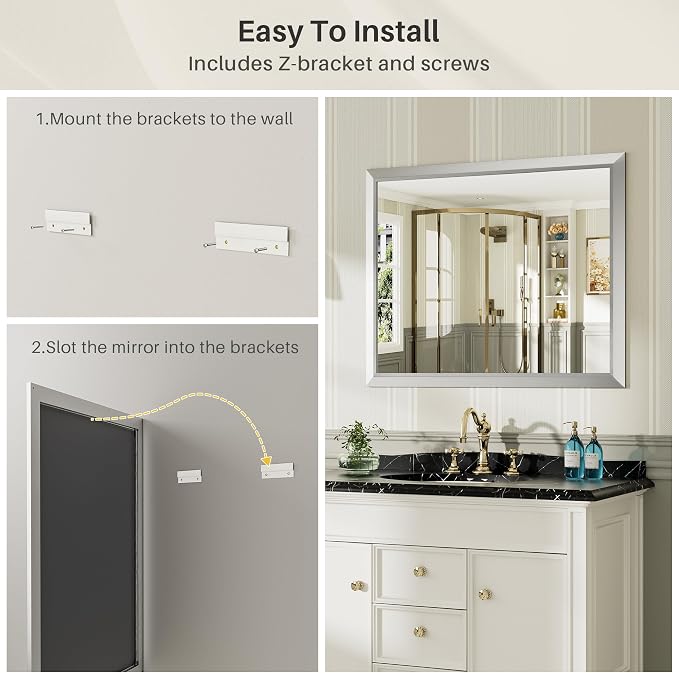 Bathroom Wall Mirror, Silver Brushed Nickel Metal Frame, 40x38 Inch | Anti-rust, HD tempered glass, for bathroom vanity, bedroom, living room, horizontal or vertical mount