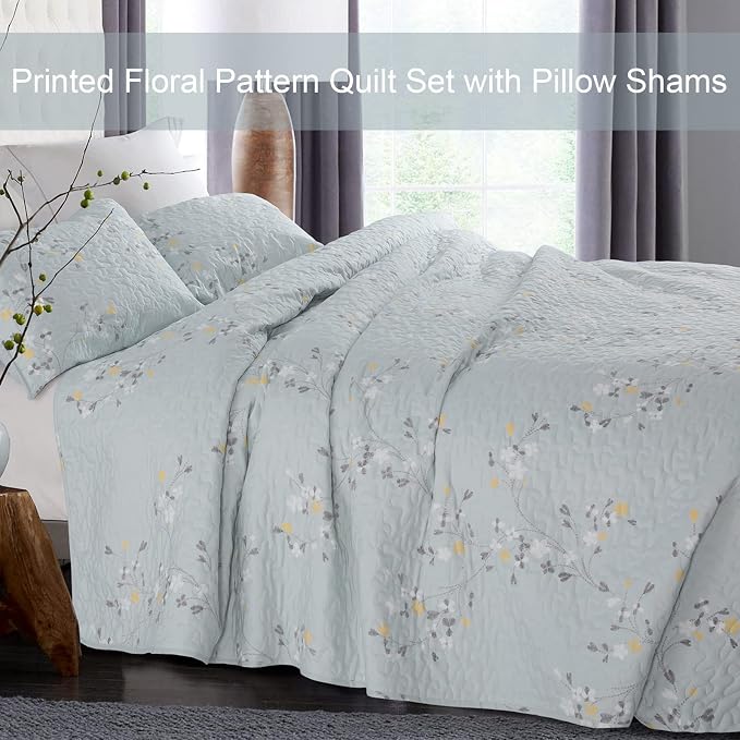 Exclusivo Mezcla Reversible Boho Quilt King Size Light Blue | Lightweight Soft Bedspreads, All Season Flowers Coverlet Bedding Set, Printed Floral Pattern, 1 Quilt and 2 Pillow Shams
