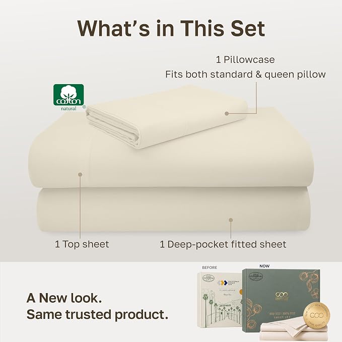California Design Den Luxury 600 Thread Count XL Twin Sheets Set, 3 Pcs | 100% Cotton Sateen Backed by Good Housekeeping Seal, Soft & Smooth, All-Around Elastic, Easy Care - Cream (Warm Ivory)