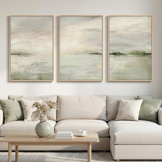 Large Framed Sage Green Abstract Landscape Wall Art for Living Room, 24x36 | Nature pictures, Canvas prints, Wood frame, 3 Piece Modern minimalist paintings, Wall decor for hallway dining bedroom office