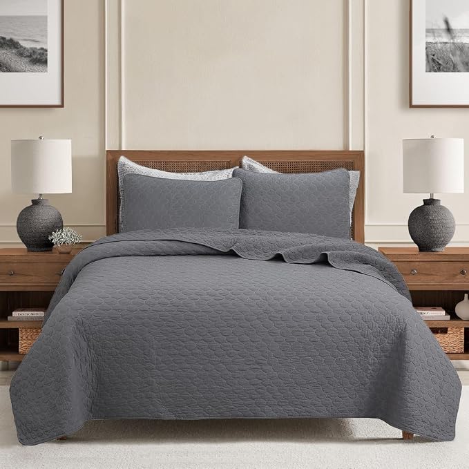 Cozy Line Home Fashions 100% Cotton Quilt Set – 3-Piece Charcoal Gray Solid Classic Modern Quilted Bedspread with Shams, Lightweight All Season Modern Bedding (Honeycomb Gray, Queen)