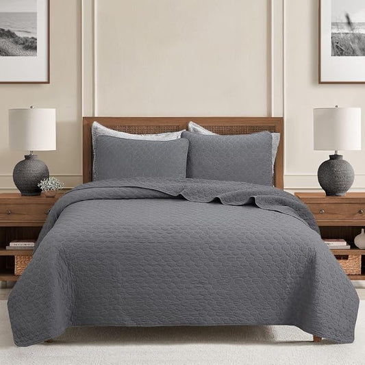 Cozy Line Home Fashions 100% Cotton Quilt Set – 3-Piece Charcoal Gray Solid Classic Modern Quilted Bedspread with Shams, Lightweight All Season Modern Bedding (Honeycomb Gray, Queen)