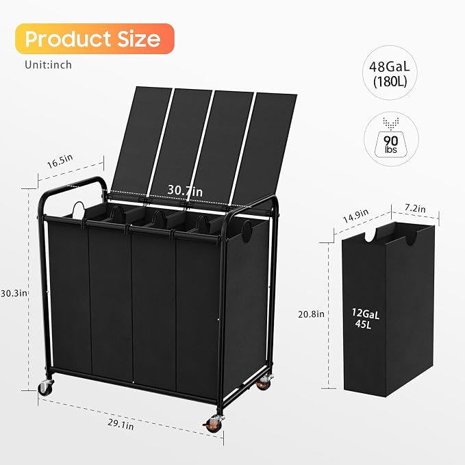 Laundry Sorter 4 Sections 48 Gal, Rolling Laundry Basket with Wheels ＆ Lid | Laundry Hamper, 4 Separated Removable Bags, Lockable Wheels, Dirty Clothes Hamper for Laundry Room Organizer, Black