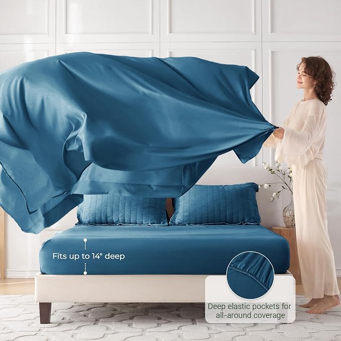 7 Pieces Oversized King Comforter Set, Seersucker Bed in a Bag Oversized King Size, All Season Luxury Bedding Set with Comforter, Flat Sheet, Fitted Sheet, Pillowcases & Shams, Teal