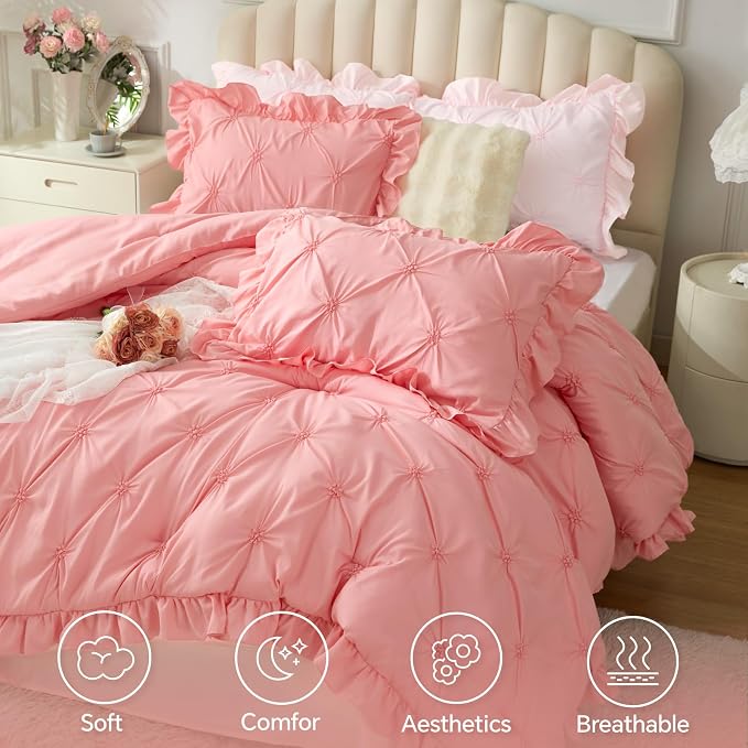 BEDELITE Twin Comforter Set Ruffle-Pink,Lightweight & Soft Comforter | Pintuck Boho Bedding, Warm & Cute Bed Set for All Season,With 1 Pillowcase