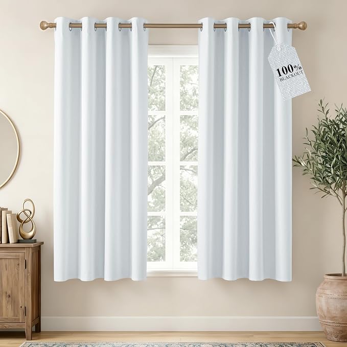 NICETOWN Farmhouse 100% Blackout Linen Curtains for Bedroom, Off White, 52" W x 63" L, Set of 2, Burlap Textured Textured Linen Look Privacy Window Treatment for Kitchen