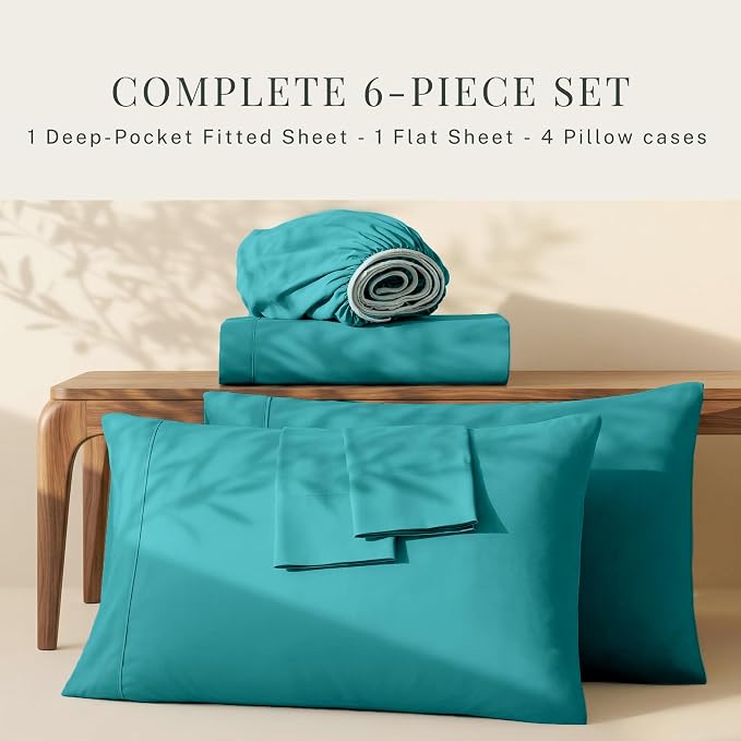 Hearth & Harbor Extra Deep Pocket Queen Sheets Sets - Fits Mattress 18-24 Inches Deep - Extra Deep Pocket Sheets - 6 Piece Queen Size - Teal