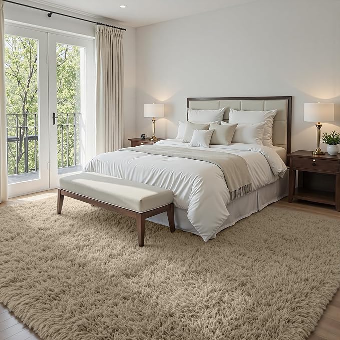6x9 Fluffy Shag Area Rugs for Living Room Bedroom: Soft Carpet Gray Camel | Upgraded Non-Slip Thick Memory Foam, Ultra Soft, Non-Shedding Fuzzy Carpet, Easy Clean Decor for Kids Room, Nursery, Playroom