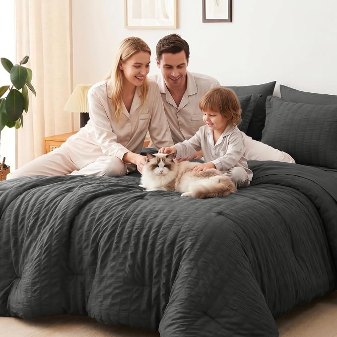 Full Size Comforter Set, 7 Pieces Dark Grey Seersucker Bed in a Bag | OEKO-TEX Certified, All Season Bedding Set with 240 GSM Down Alternative Comforter, Flat & Fitted Sheets, Pillowcases & Shams
