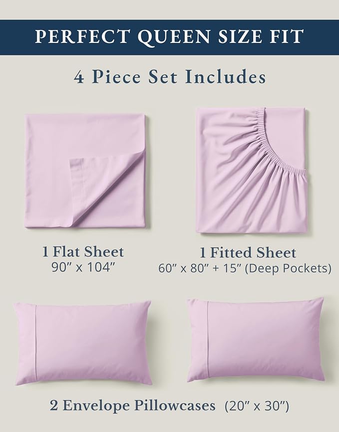 LANE LINEN Queen Sheets 100% Organic Cotton Percale Cooling - Orchid Petal | Pure Long-Staple Organic Cotton Queen Sheet Set - Soft From The First Wash, Crisp Cool Percale Weave, Great For Gifting