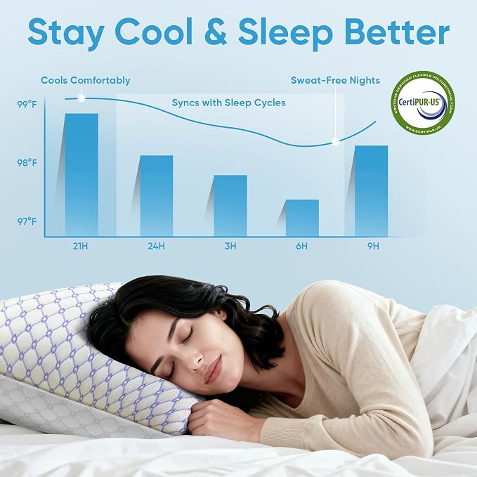 OAISZ Cooling Pillow Queen Size Set of 1, Shredded Memory Foam Bed Pillows | Adjustable Shredded Memory Foam Pillows, Cooling Bed Pillows for Side, Back and Stomach Sleepers, Removable Washable Covers