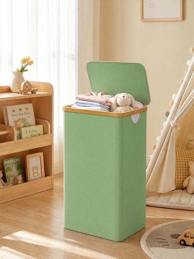 IEGrow Laundry Hamper with Lid,110L Laundry Basket with Mesh Bags,Green | Dirty Clothes Hamper Basket with Bamboo Handle for Clothes Towels