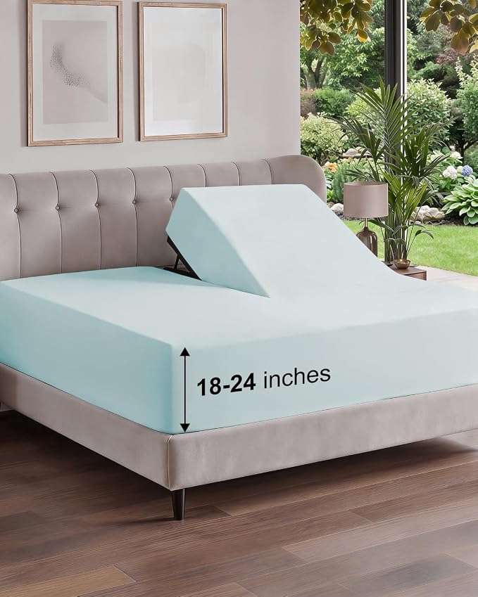 Extra Deep Flex Top Split Head King Fitted Sheet Only - Ice Blue | Easily Fits 18 inch to 24 inch Mattress, Soft, Wrinkle Free, Breathable & Comfy, Extra Deep Pockets Hotel Luxury Fitted Sheet