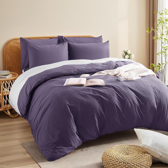 NEXHOME PRO 100% Washed Cotton Duvet Cover Twin Size, Ogranic Natural Linen Feel Breathable Bedding Set with Zipper Closure, 2 Pieces Includes 68x90 Inch Cover & 1 Pillowcases Eggplant (No Comforter)