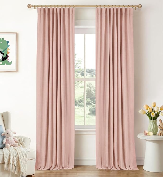 INOVADAY 100% Blackout Curtains for Bedroom Black Out Curtain 102 Inch Long | Blush Pink Living Room Curtains 2 Panels, Clip Rings Linen Look Blackout Drapes, Thermal Insulated Room Darkening,W50xL102