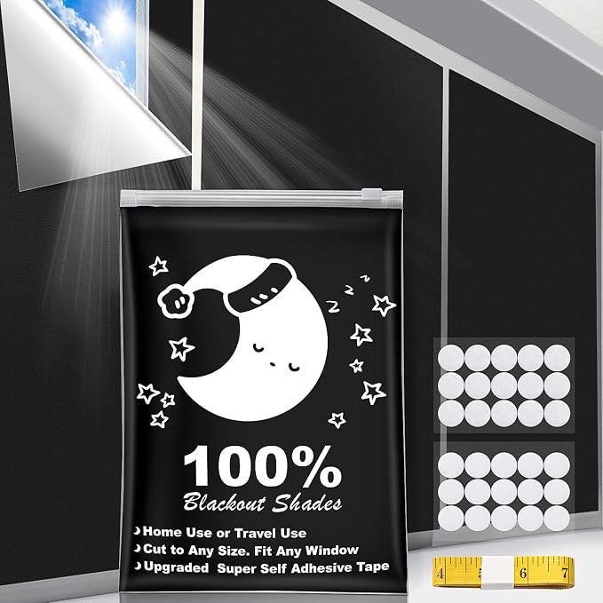 Portable Blackout Curtains (79" x 57"), 100% Portable Blackout Blinds with 15 Pair Hook & Loop Tabs Stick-on, Temporary Shades for Baby/Travelers/Bedroom