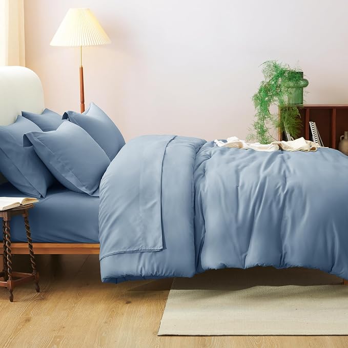 Twin XL Comforter Grayish Blue, 5 Pieces Bed in a Bag | College Dorm Essentials, OEKO-TEX Certified, 240GSM Down Alternative Comforter, Flat & Fitted Sheets, Pillowcase & Sham