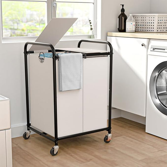 120L Laundry Sorter 2 Section, Rolling Laundry Basket with Wheels ＆ Lid | 31.7 Gal Laundry Hamper, 2 Separated Removable Bags, Lockable Wheels, Dirty Clothes Hamper for Laundry Room, Bedroom, White