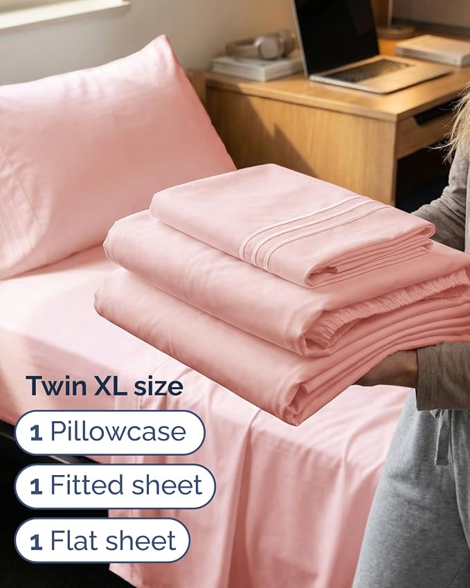 Twin XL 3 Piece Sheet Set - College Dorm Room Essentials - Baby Pink | Deep Pocket Bed Sheets for Women, Men, Teens & Students, Soft, Cooling, Breathable & Wrinkle Free, Oeko-Tex Bed Sheet Set