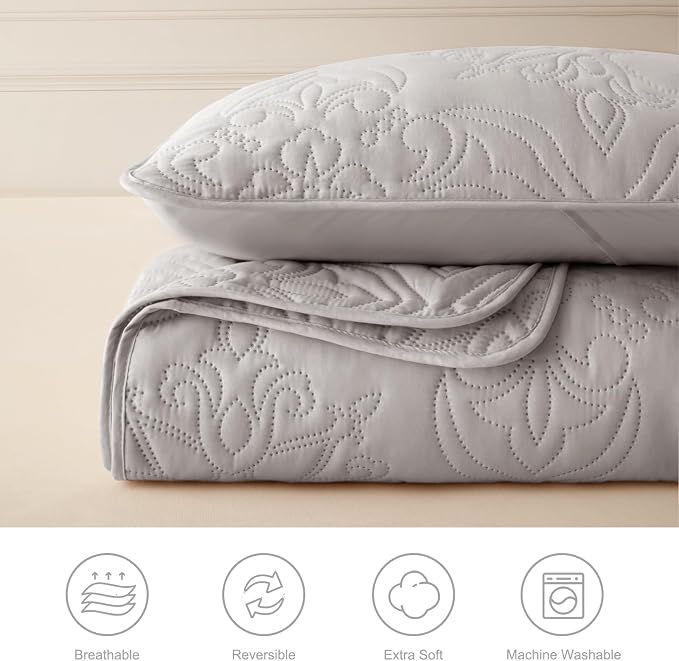 Whale Flotilla King Quilt Bedding Set Vintage Damask Reversible Bedspread | Suitable for Bed, 3 Pieces Light Grey Lightweight Breathable Quilt King Size, Ultrasonic Coverlet with 2 Pillow Shams