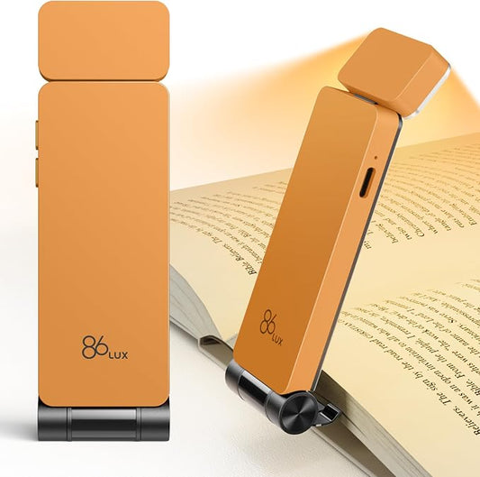 86lux Book Light, Rechargeable Reading Lights for Books in Bed | Ultralight Clip-on LED Bookmark Lamp with 3 Amber Colors & Stepless Dimming for Night Reading for Book Lovers, Papaya Orange