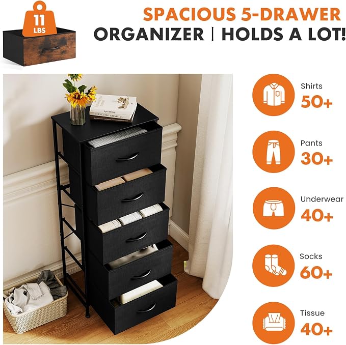Sweetcrispy Black Storage Drawer Bedroom Dresser, Tall Dresser for Closet | Chest of 5 Drawers for Home Storage with Fabric Bins, Narrow Nightstand, Durable Clothes Oragnizer