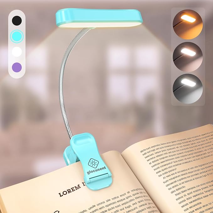 Glocusent Rechargeable Book Light, Clip on Light for Bedtime Reading | Eye Caring, 3-Color, 5 Brightness, Ergonomic, Traveling, Stocking Stuffers Gifts for Book Lover, 1.8Oz Lightweight & Portable