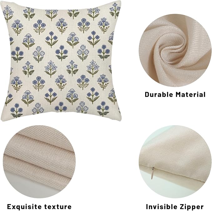 Blue Green Pillow Covers 22x22 Inch 2 Pcs Block Print Vintage Floral Decor Throw Pillows Boho Flower Spring Summer Outdoor Seasonal Decoration Pillowcase Linen Cushion Cover for Couch Sofa