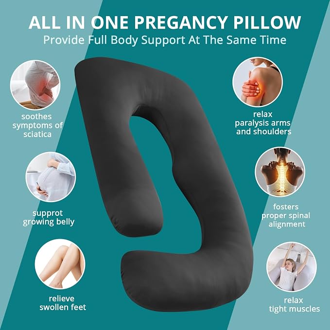 Cooling Pregnancy Pillows for Sleeping, 65'' Full Body Pillow, Black | Sasttie Maternity Pillow, OEKO-TEX, Down Alternative, Removable Cover, Pregnant Women Must Haves, Maternity Essential
