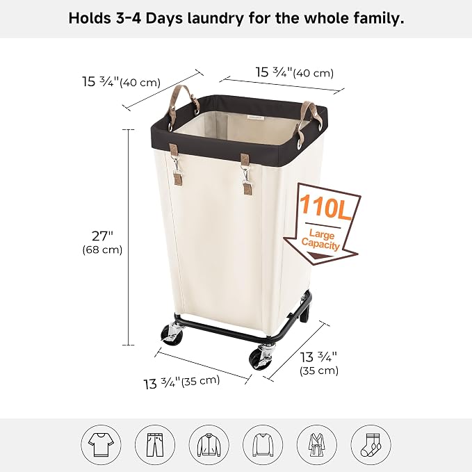StorageWorks 110L Laundry Basket with Wheels, Rolling Hampers for Clothing | Beige Laundry Basket with Wheels, Metal Frame & Handles, Rolling Hamper for Bedroom, Bathroom, Dorm, Hotel