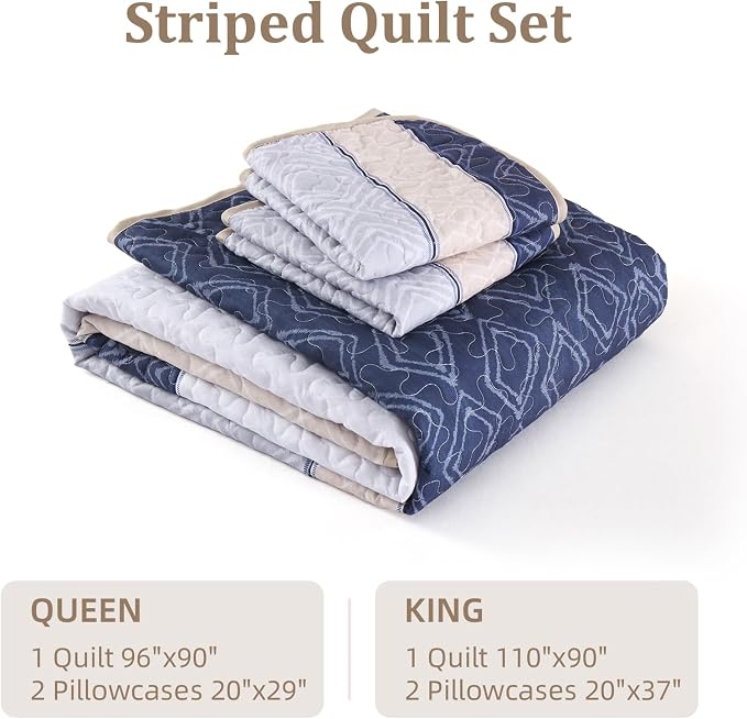 Cottolester Quilt Set Queen,3 Pcs Khaki Navy Blue Striped Plaid Bedspread | Ultra Soft Summer Lightweight Coverlets Set for Men Women,Microfiber Patchwork Quilt Bedding Sets for All Seasons 96"x90"