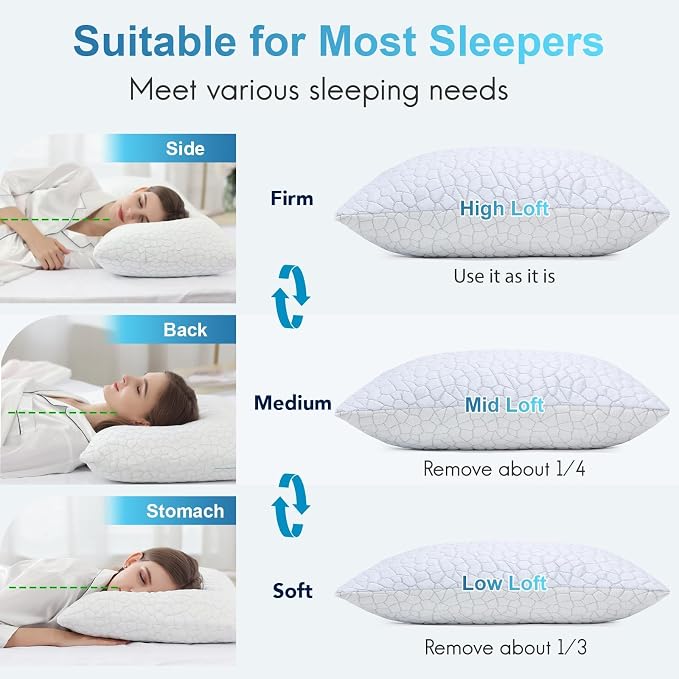 QUTOOL Cooling Pillow for Sleeping, CertiPUR-US Shredded Memory Foam King Pillow Set of 1, Cool Pillow for Hot Sleepers Adjustable Firm Pillow for Side, Back, Stomach Sleepers Soft Yet Support, White