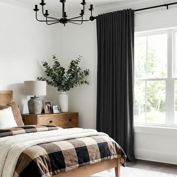 Linen Textured Total Blackout Sliding Door Curtains 84 Inches Long, Black | 100% Blackout Shield Back Tab/Rod Pocket Sliding Door Curtains, Thermal Insulated Curtains 1 Panel Set, 100"W x 84"L