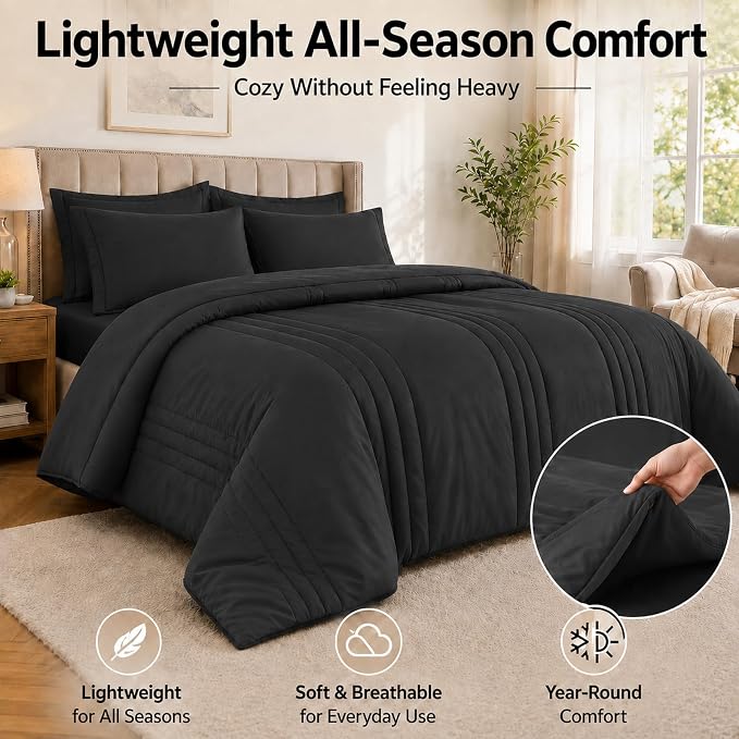 King Comforter Set Black - Bed in a Bag King Size 7 Pieces, Soft Bedding Set for All Seasons, Premium King Comforter Set with Comforter, Sheets, Pillowcases & Shams