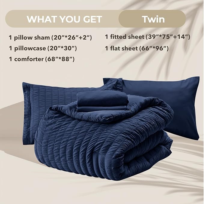 HYMOKEGE Navy Blue Twin Comforter Set Seersucker 5 Pieces, All Season Luxury Bed in a Bag for Bedroom, Bedding Set with Comforters, Sheets, Pillowcase & Sham