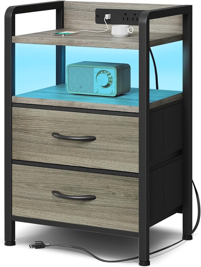 Lazzanto Nightstand with Rear Charging Station, LED Light, 2 Drawers, Grey | Industrial Nightstand, 2 USB-A Ports & AC Outlets, Raised Back Guard, Fabric Storage Drawers, Bedside Table for Bedroom, Dorm