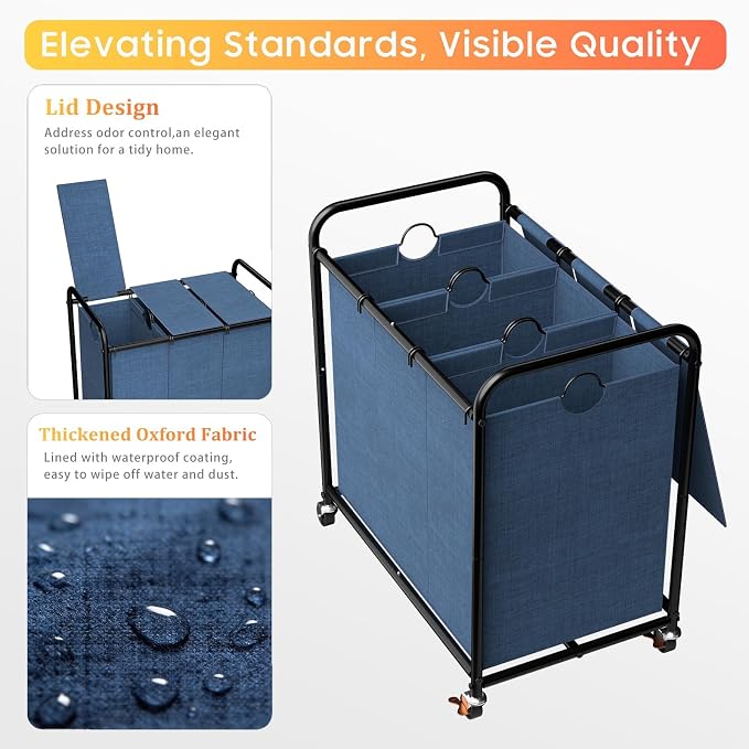 180L Laundry Sorter 3 Section, Rolling Laundry Basket with Wheels and Lid | 47.55 Gal Laundry Hamper, 3 Separated Removable Bags, Lockable Wheels, Dirty Clothes Hamper for Laundry Room Organizer, Blue
