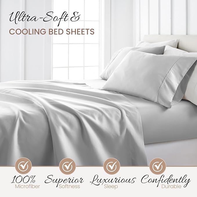 Linen Market Brushed Microfiber King Sheet Set 4 Piece – Oeko-TEX Certified Ultra Soft & Wrinkle-Free - 16" Deep Pocket Sheets - Easy Care King Size - Light Gray